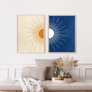 Sun and Moon Wall Art Set of 2, Day and Night Prints, Navy Blue Burnt Orange Wall Art, Mid Century Modern Wall Decor, Boho Wall Art, DIGITAL