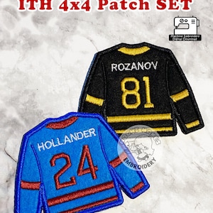 May include: Two embroidered hockey jersey patches. One is black with gold stripes and the name "ROZANOV" and the number "81". The other is blue with red stripes and the name "HOLLANDER" and the number "24". The text "Hockey Lovers ITH 4x4 Patch SET" is at the top.