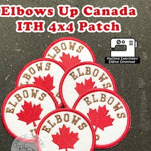 Puede incluir: Seis parches bordados blancos y rojos con el texto "Elbows Up Canada" y un diseño de hoja de arce. Los parches miden 4x4 pulgadas y son para bordado a máquina.