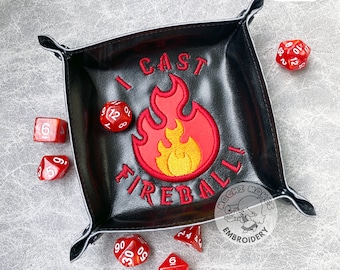 Fireball Magic DND Dungeons Dragons Embroidered Folding Dice Tray RPG Board Game Applique Fantasy Medieval Fire Pyro Spell Wizard Witch