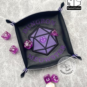 Dungeon Meowster Embroidered Dice Tray DND Dungeons Dragons D20 Critical Role Play Board Game Cat Kitty Neko Geek Nerd TTRPG Magic Fantasy