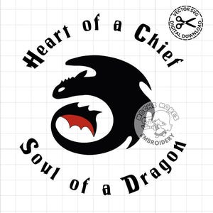 May include: A black dragon silhouette with a red wing detail is the central image. The text "Heart of a Chief, Soul of a Dragon" arcs around the dragon. A small "Vector SVG Digital Download" graphic is in the upper right.