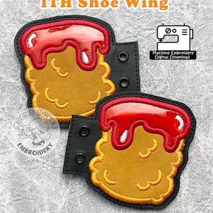 May include: Two machine embroidery designs of a tater tot with ketchup on top. The designs are in eyelet and satin styles. The text "Tater Tot Applique ITH Shoe Wing" is at the top of the image. The text "Machine Embroidery Digital Download" is in the upper right corner of the image. The text "eyelet & satin styles" is at the bottom of the image.