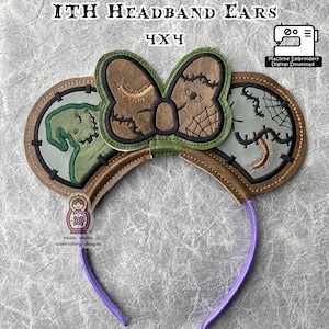 May include: A pair of brown headband ears with a green and gray stitched design. The ears feature a brown bow with a stitched spiderweb design. The headband is purple. The text "Boogeyman ith Headband Ears 4x4" is at the top of the image. The text "Machine Embroidery Digital Download" is in the top right corner of the image. The text "mochi makes embroidery designs" is in the bottom left corner of the image.