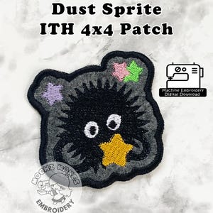 May include: A black and gray embroidered patch featuring a Dust Sprite design with a yellow star and colorful star accents. The patch has the text "Dust Sprite ITH 4x4 Patch" and a machine embroidery digital download icon.
