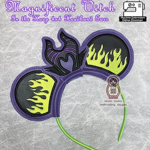 Puede incluir: Diadema morada con diseños de orejas de llama negra y amarilla y de bruja. El texto "Magnificent Witch" y "In the Hoop 4x4 Headband Ears" son visibles. Descarga digital de bordado a máquina.