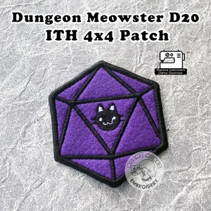 Dungeon Meowster ITH In the Hoop Patch 4x4 Machine Embroidery Pattern D20 DND Dungeons Dragons RPG Critical Role Board Game Geek Nerd Craft