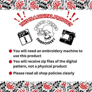 May include: A digital embroidery design product for use with an embroidery machine. The image shows a zip file icon, a sewing machine, and text that reads "This is a digital product" and "Mochi Makes Embroidery".