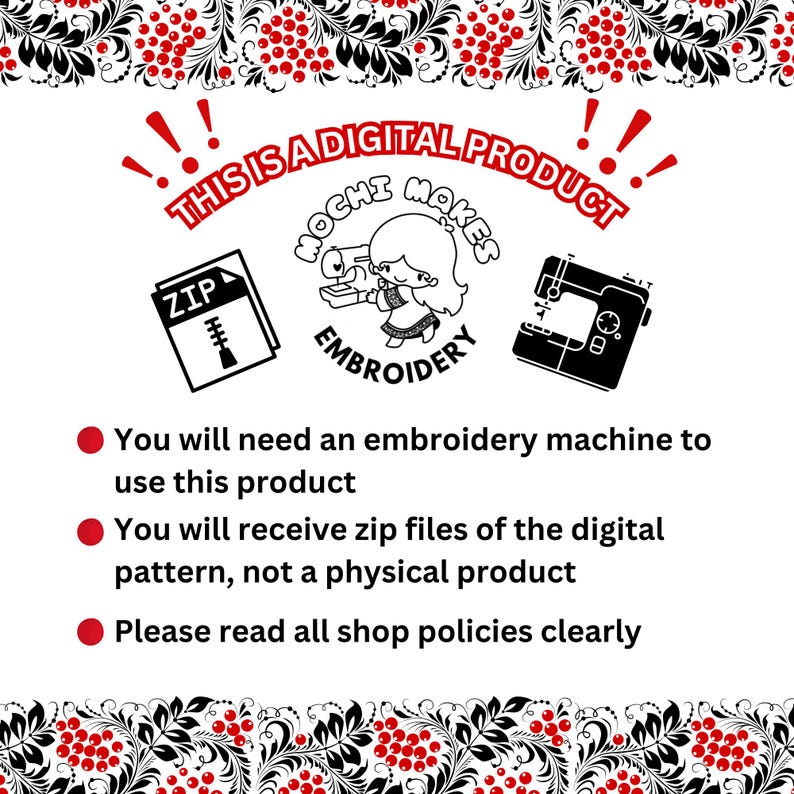 May include: A digital embroidery design product for use with an embroidery machine. The image shows a zip file icon, a sewing machine, and text that reads "This is a digital product" and "Mochi Makes Embroidery".