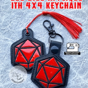 May include: A red and black D20 dice keychain with a black leather strap and a red tassel. The keychain is a machine embroidery digital download.