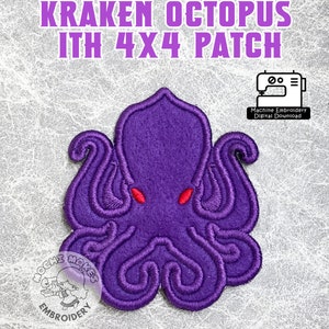 May include: Purple embroidered kraken octopus patch with red eyes. Machine embroidery digital download. 4x4 inch design.
