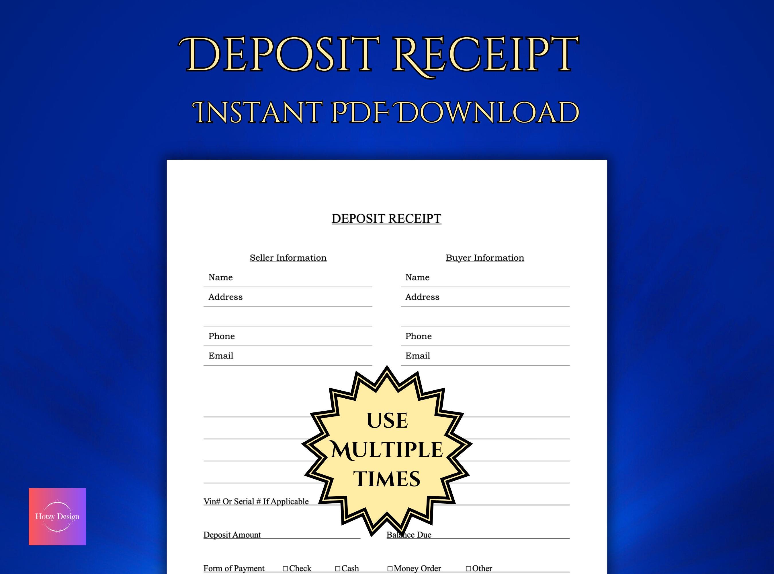 Deposit Receipt Template - Universal Design - Printable PDF - 12 Colors - Letter and A4 size