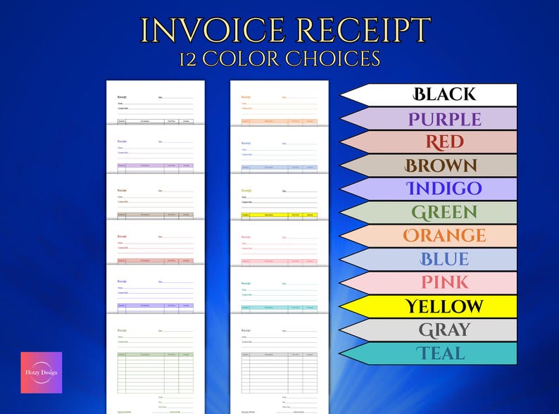 Reciept Paper Color Printable Invoice Receipt Template: Universal Design, 12 Colors (letter ...