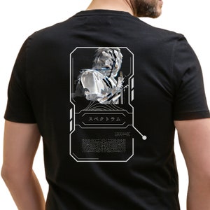 May include: Black t-shirt with a white graphic of a digital figure in a futuristic frame. The text "System" is written in Japanese on the graphic.