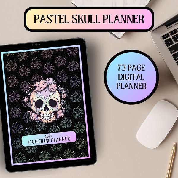 Pastel Goth Skull Digital Planner, Witchy Planner, Aesthetic Planner with 12 Calendar Months and Weekly Spreads 73 Pages Total