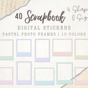 May include: 40 digital scrapbook stickers with pastel photo frames in 10 colours. The frames are in different shapes and sizes.