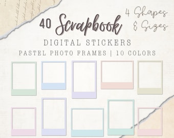 40 Digital Scrapbook Stickers | Pastel Photo Frames | 10 Colors | 4 Sizes