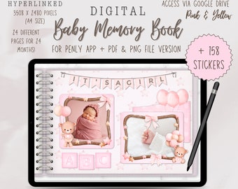 Digitaal babygeheugenboek met 158 stickers | 24 maanden | Voor meisjes | PDF- en Penly-versies | Hyperlink | Google Drive-link | Baby-aandenken