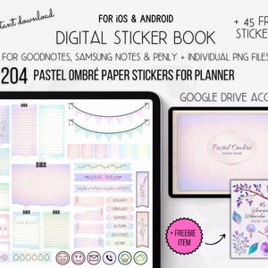 Puede incluir: Un libro de pegatinas digitales para planificadores con 204 pegatinas de papel pastel ombré. El libro incluye una variedad de pegatinas, incluyendo páginas de calendario, páginas mensuales, páginas semanales y páginas diarias. Las pegatinas están diseñadas para ser usadas con Goodnotes, Samsung Notes y Penly. El libro también incluye 45 pegatinas digitales gratuitas de bosque de acuarela caprichoso.