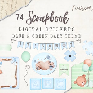 74 babystickers voor jongens | Digitale plakboekstickers | Blauwe en groene digitale kinderstickers | PNG-bestanden