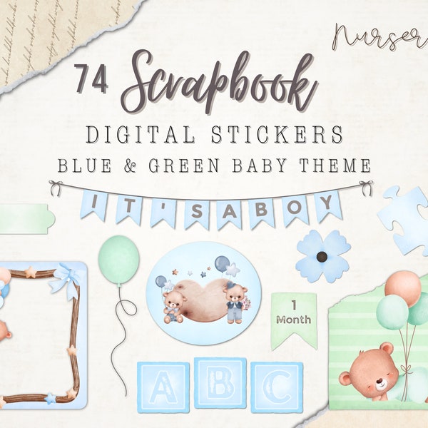 74 Baby Stickers For Boy | Digital Scrapbook Stickers | Blue & Green Nursery Digital Stickers | PNG Files