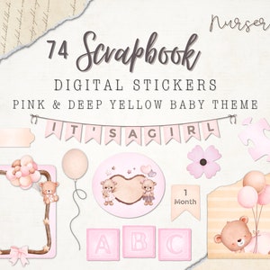 74 Baby-Aufkleber für Mädchen | Digitale Aufkleber | Rosa & Gelbe Kinderzimmer Digitale Aufkleber | PNG-Dateien