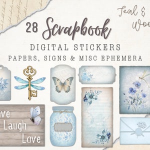 28 Scrapbook Digitale Aufkleber | Teal Blue & Hölzernen Vintage Verschiedene Verzierungen | Decoupage Scraps | Junk Journal Aufkleber