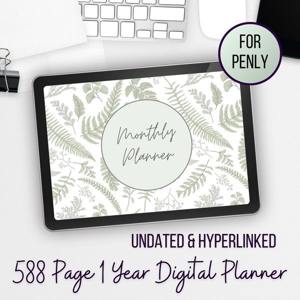 Light Green Digital Penly Planner - Undated With Hyperlinks - 588 Pages 1 Year Minimalist Daily Planner Monthly Planner With Font Included