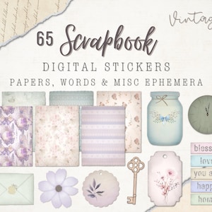 65 Scrapbook Digitale Aufkleber | Vintage Verschiedene Verzierungen | Papiere Geschenkanhänger Gläser Schlüssel Umschläge Blumen & Uhren