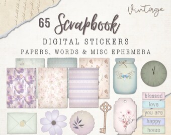 65 Scrapbook Digital Stickers | Vintage Miscellaneous Embellishments | Papers Gift Tags Jars Key Envelopes Flowers & Clocks