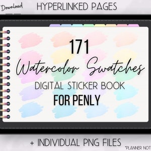 Puede incluir: Un libro de pegatinas digitales para la aplicación de planificación digital Penly. El libro contiene 171 muestras de acuarela en varios colores pastel. El libro se muestra en una tableta con una cubierta negra y un encuadernador de anillas. El texto "171 Watercolor Swatches" se muestra en texto negro sobre fondo blanco. El texto "Digital Sticker Book for Penly" se muestra en texto negro sobre fondo blanco. El texto "+ Individual PNG Files" se muestra en texto negro sobre fondo blanco. El texto "*Planner Not Included*" se muestra en texto negro sobre fondo blanco.
