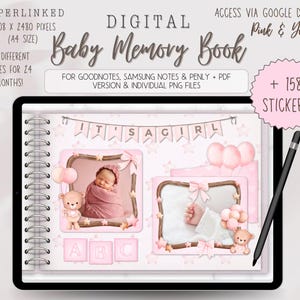 Puede incluir: Un libro de memoria para bebé digital con acentos rosas y amarillos. La portada presenta un marco de fotos con una niña, un osito de peluche y el texto "IT'S A GIRL". El libro incluye 24 páginas diferentes para 24 meses y 158 pegatinas.