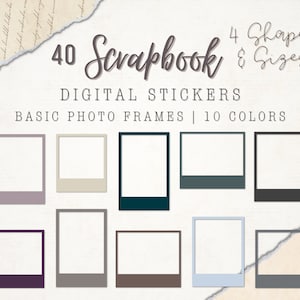 May include: 40 digital scrapbook stickers with 4 shapes and sizes. Basic photo frames in 10 colours. The frames are in various colours including purple, beige, teal, grey, brown, and light blue.