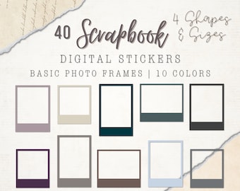 40 Digital Scrapbook Stickers | Basic Photo Frames | 10 Colors | 4 Sizes