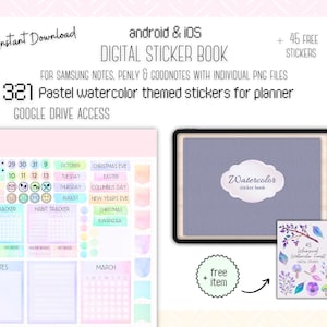 Samsung Notes , Penly & Goodnotes Sticker Book | Pastel Watercolor Theme | + 321 Individual PNG Files And Freebie Item | Google Drive