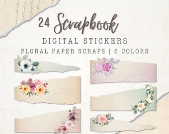 24 Digital Scrapbook Stickers | Floral Paper Scraps | 6 Colors | 4 Shapes