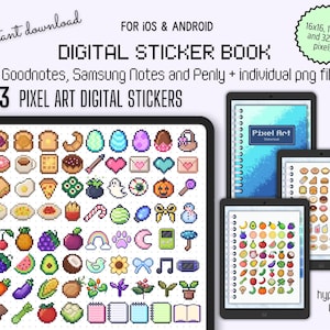 May include: A digital sticker book with 273 pixel art stickers for Goodnotes, Samsung Notes, and Penly. The stickers are in a variety of colors and designs, including food, animals, and objects. The book is available for instant download and includes individual PNG files.