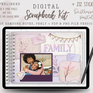 May include: Digital scrapbook kit with a pink and white distressed pastel theme. The kit includes 212 stickers and a digital scrapbook template with a photo of a mother and daughter. The template has the word "FAMILY" in a purple font.