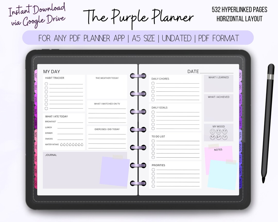 Purple Digital Planner | Hyperlinked 532 Page A5 Size PDF Undated ...