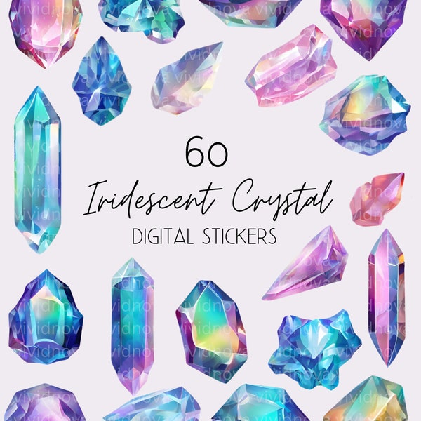 Iridescent Crystal Digital Sticker Bundle | 60 Pre-cropped Stickers for Planner or Journal | Gemstone Clip Art | Iridescent Stickers