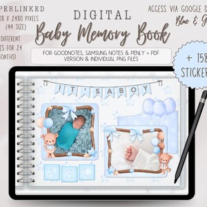 Puede incluir: Libro de recuerdos digital para bebés con un esquema de color azul y verde. La portada presenta una pancarta azul y blanca con el texto "IT'S A BOY" y dos marcos de fotos con un bebé. El libro incluye 158 pegatinas.