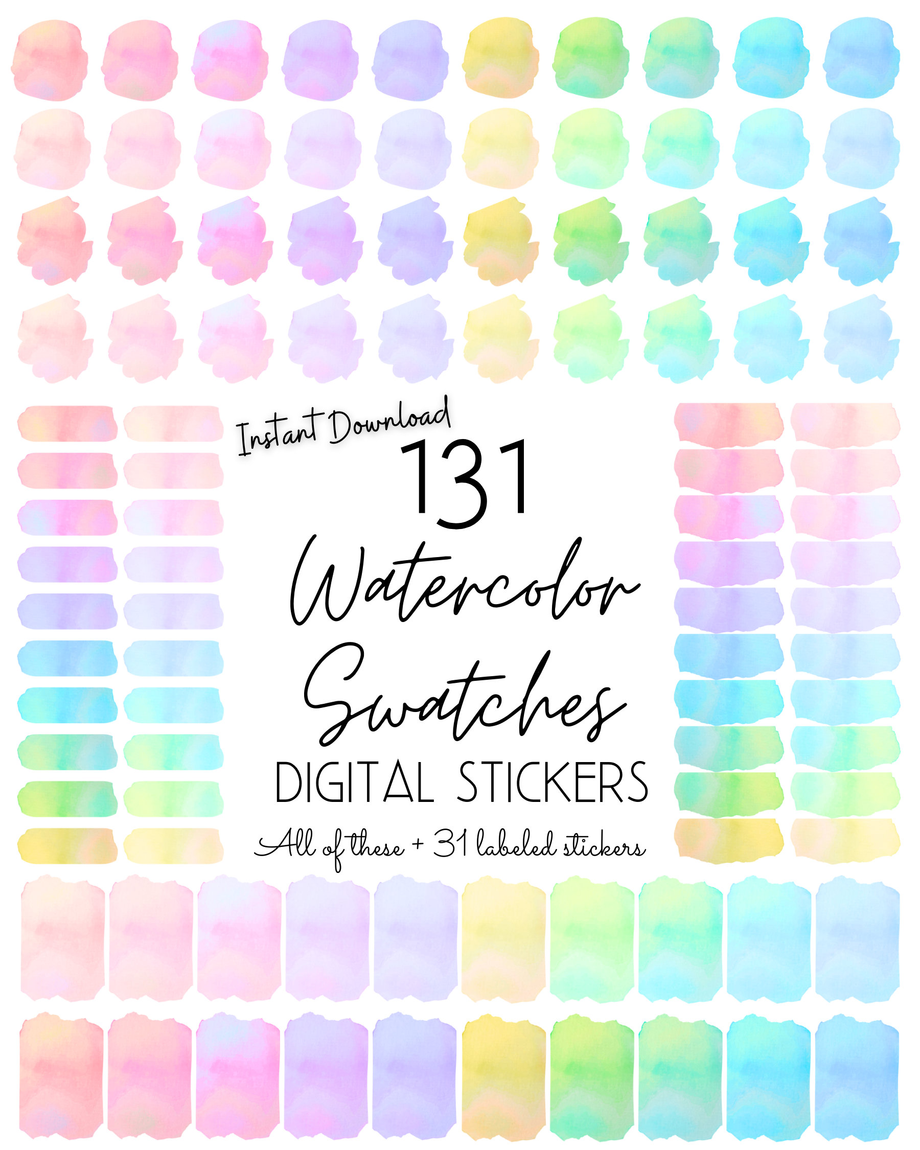 Watercolor Swatches Pre-cropped Digital Stickers 131 Individual PNG ...