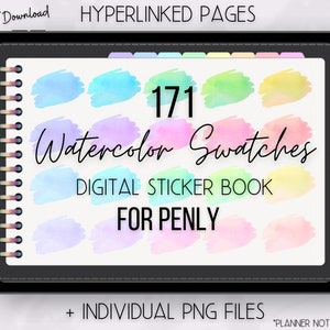 Puede incluir: Un planificador digital con 171 muestras de acuarela en una variedad de colores. El planificador está diseñado para usarse con la aplicación de toma de notas digital, Penly. El texto "171 Watercolor Swatches" se muestra en la portada del planificador.