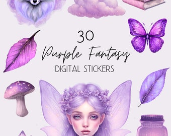 Purple Fantasy Digital Sticker Bundle | 30 Pre-cropped Stickers for Planner or Journal | Fairytale Clip Art | Fantasy Forest Stickers