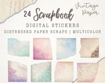 24 Scrapbook Digital Stickers | Distressed Vintage Decorative Paper Scraps | Multicolor