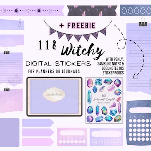 Puede incluir: Un conjunto de 118 pegatinas digitales de temática bruja para planificadores o diarios. Las pegatinas presentan una variedad de diseños, incluyendo cristales, lunas, estrellas y otros elementos mágicos. Las pegatinas son compatibles con aplicaciones de toma de notas digitales como Goodnotes y Notability.