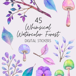May include: 45 Whimsical Watercolor Forest Digital Stickers featuring purple, blue, and green mushrooms, leaves, branches, and a purple flower.