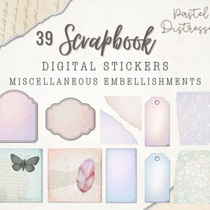 39 Scrapbook Digitale Aufkleber | Pastell Distressed Verschiedene Verzierungen | Mehrfarbig