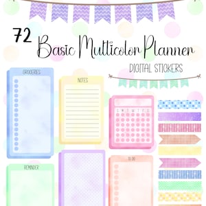 Adesivos básicos multicoloridos para agenda digital | 72 arquivos PNG individuais | Pacote de adesivos pré-cortados