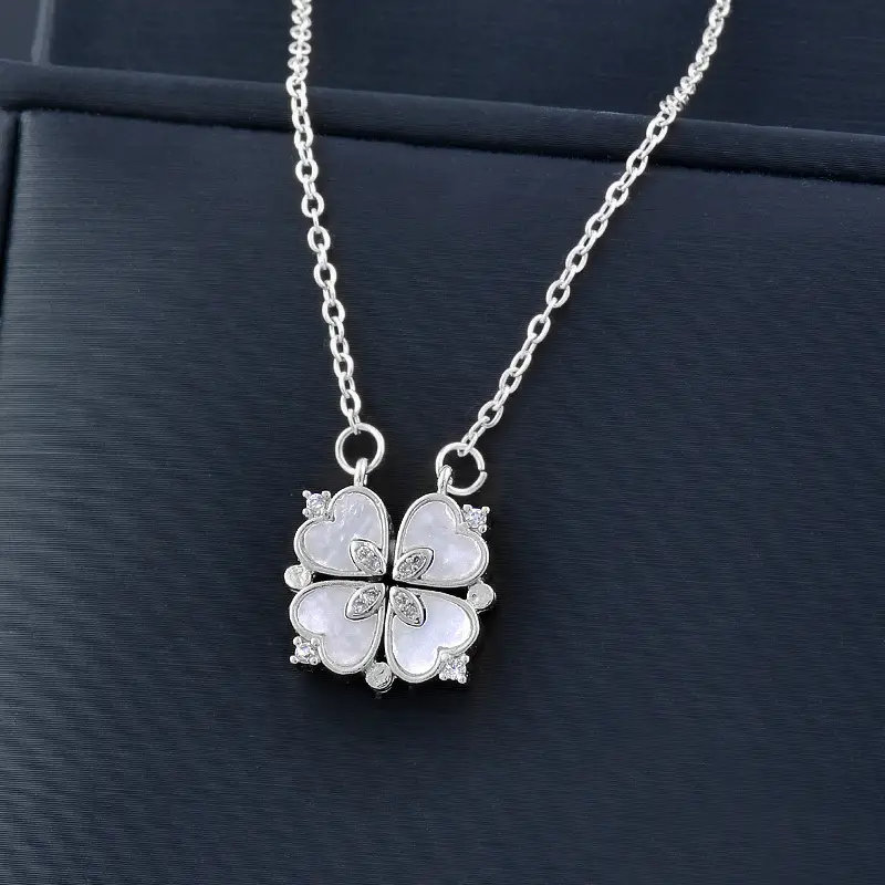 Shimmering CZ Sterling Silver 4 Leaf Clover Heart Two Way Magnetic Necklace - Rose Gold